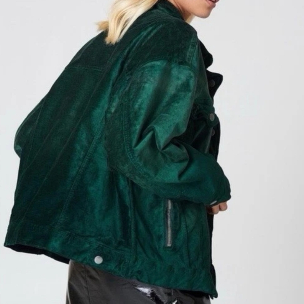 Free People Jacket Womens XS/Small Green Velvet Trucker Full Zip Oversize